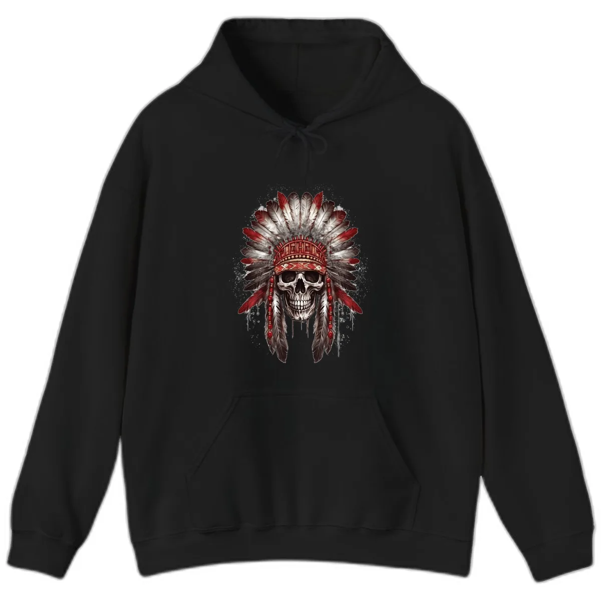 Ancient Spirit Skull with Feathered Headdress Hoodie in Black