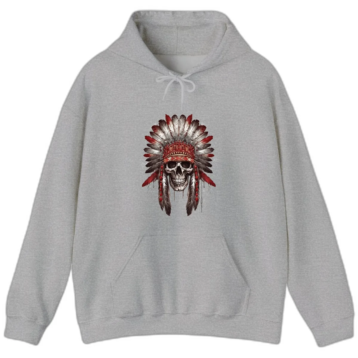 Ancient Spirit Skull with Feathered Headdress Hoodie in Sport Grey