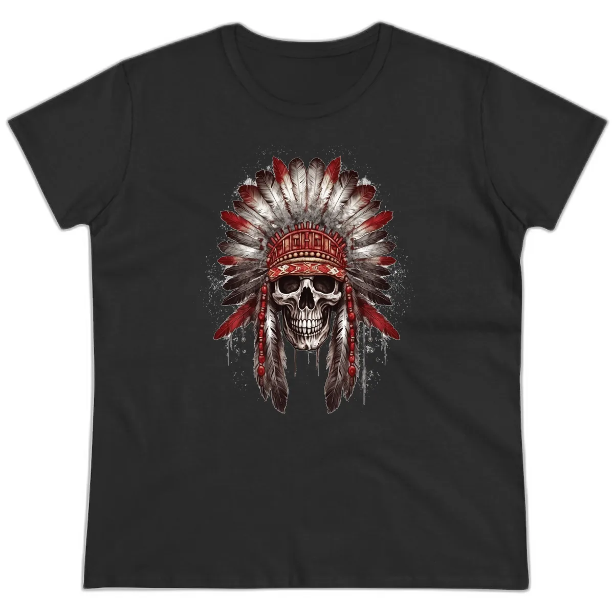 Ancient Spirit Skull with Feathered Headdress Ladies Tee in Black