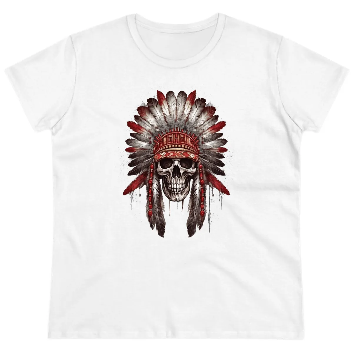 Ancient Spirit Skull with Feathered Headdress Ladies Tee in White