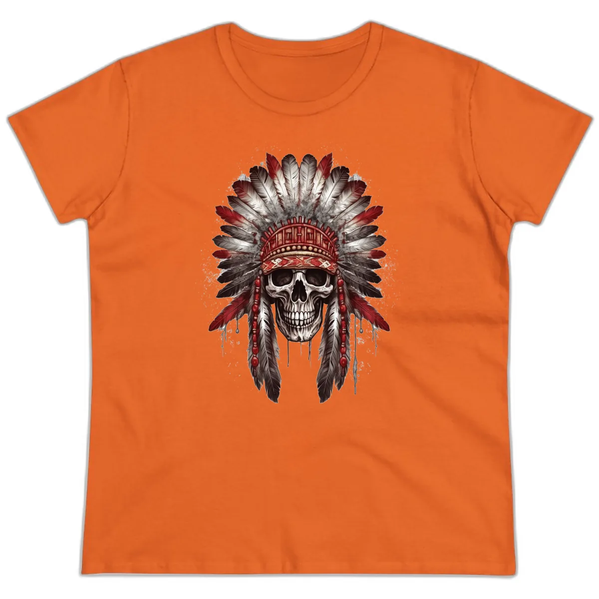 Ancient Spirit Skull with Feathered Headdress Ladies Tee in Orange