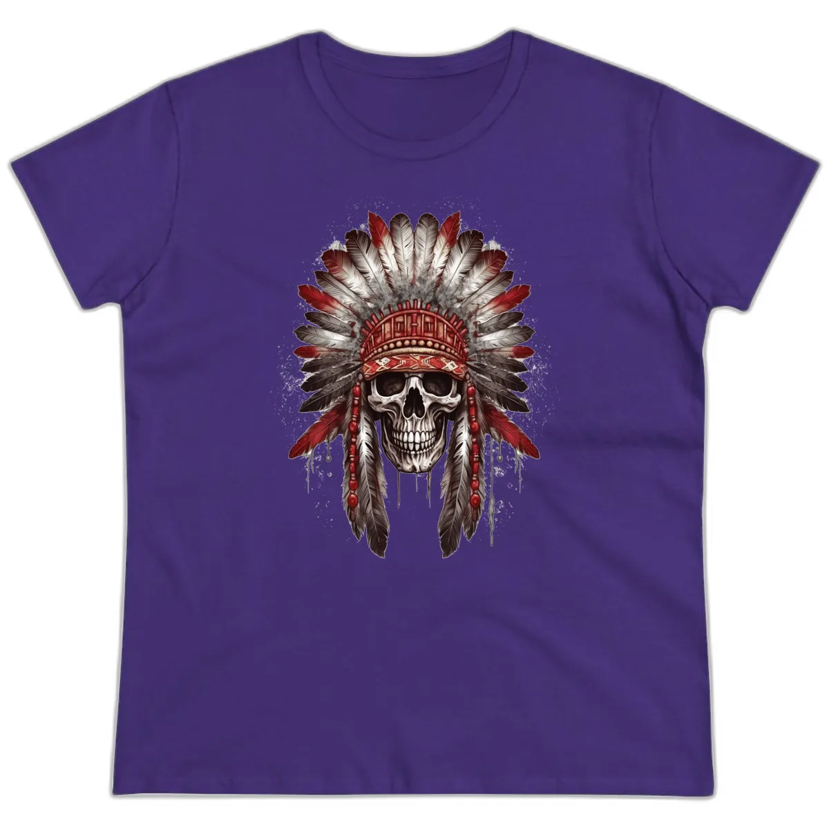 Ancient Spirit Skull with Feathered Headdress Ladies Tee in Purple