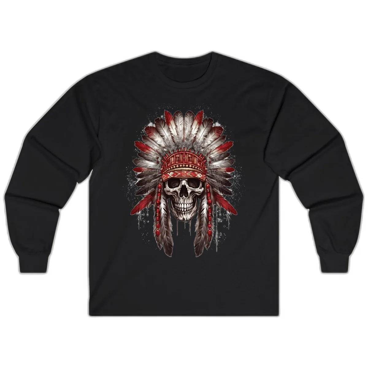 Ancient Spirit Skull with Feathered Headdress Long Sleeve in Black
