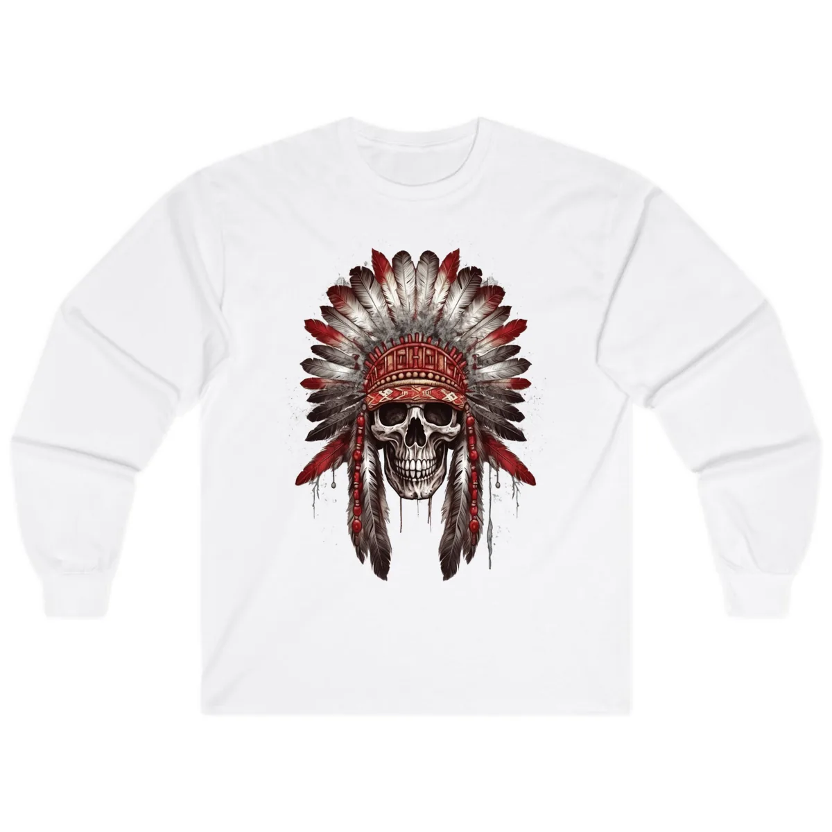 Ancient Spirit Skull with Feathered Headdress Long Sleeve in White