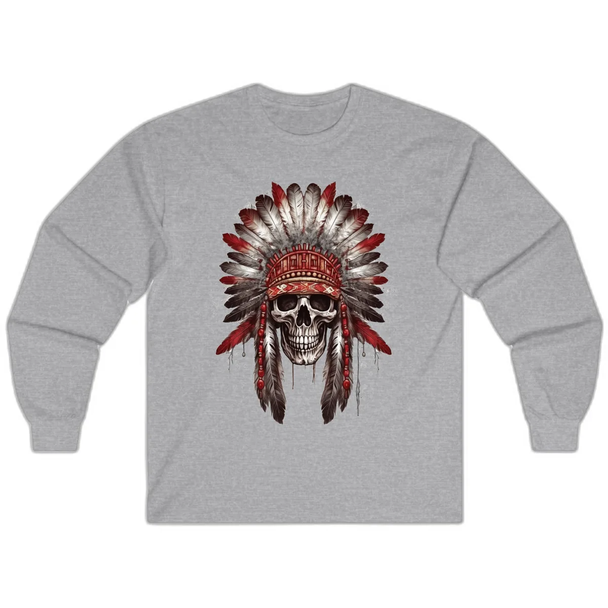 Ancient Spirit Skull with Feathered Headdress Long Sleeve in Sport Grey
