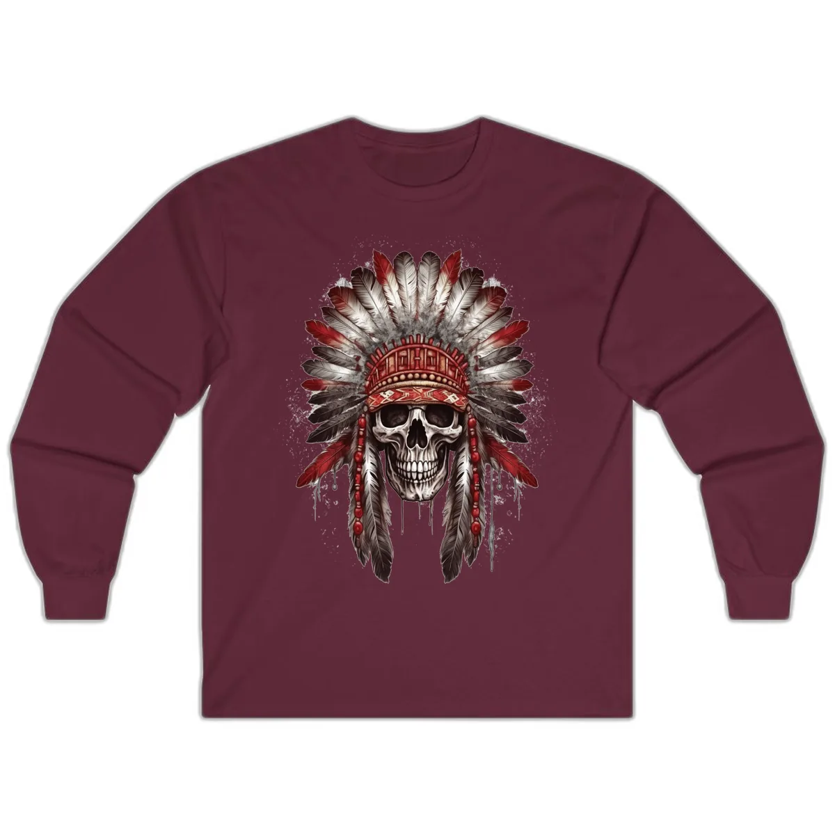 Ancient Spirit Skull with Feathered Headdress Long Sleeve in Maroon