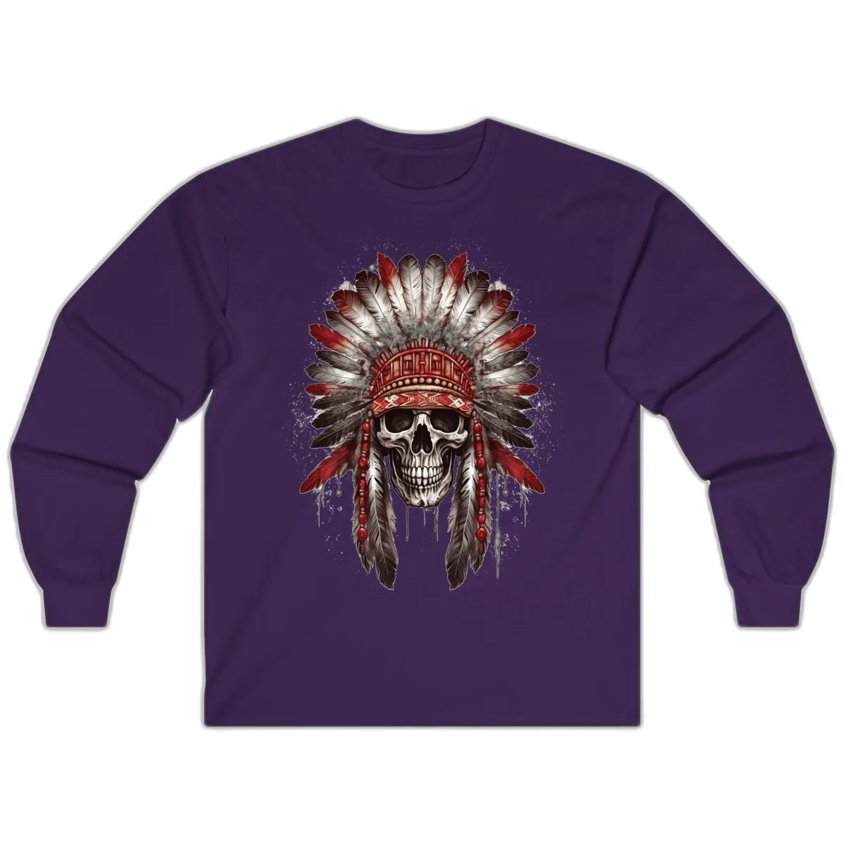 Ancient Spirit Skull with Feathered Headdress Long Sleeve in Purple