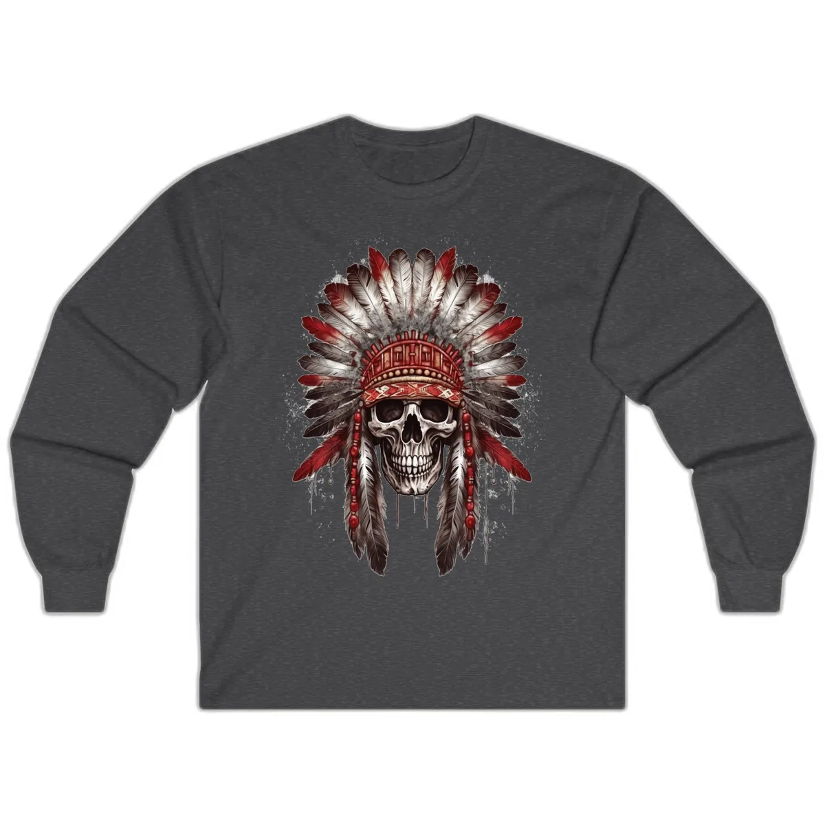 Ancient Spirit Skull with Feathered Headdress Long Sleeve in Dark Heather