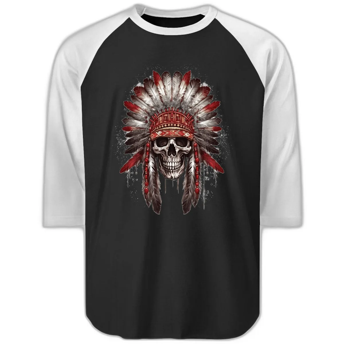 Ancient Spirit Skull with Feathered Headdress Raglan 3/4 in Black White