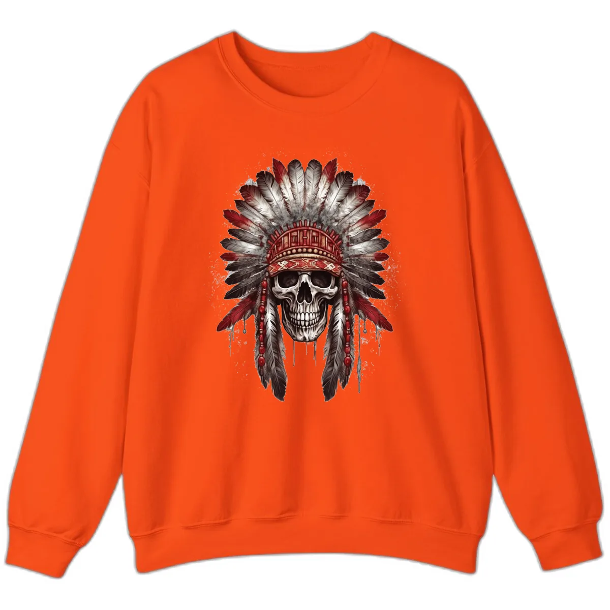 Ancient Spirit Skull with Feathered Headdress Sweatshirt in Orange