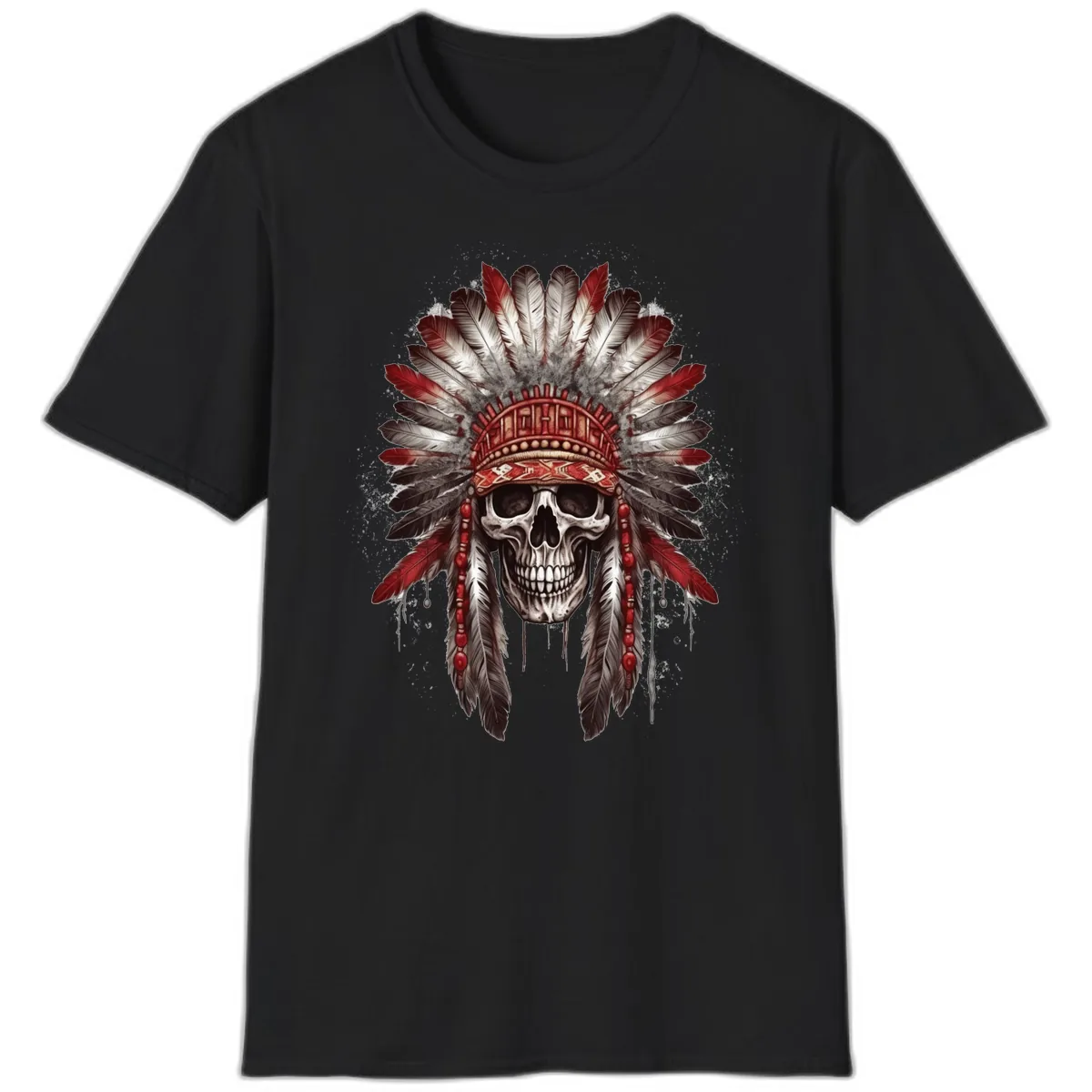 Ancient Spirit Skull with Feathered Headdress T-Shirt in Black