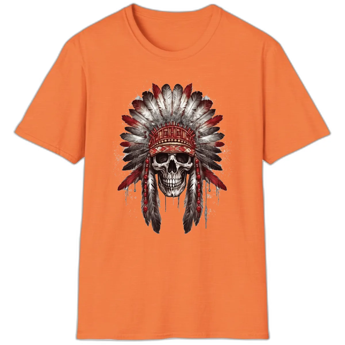 Ancient Spirit Skull with Feathered Headdress T-Shirt in Heather Orange
