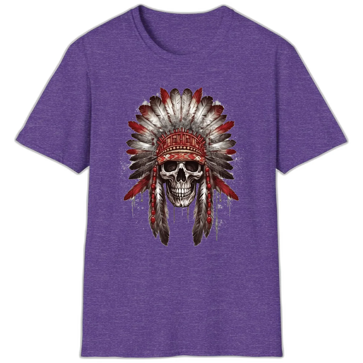 Ancient Spirit Skull with Feathered Headdress T-Shirt in Heather Purple