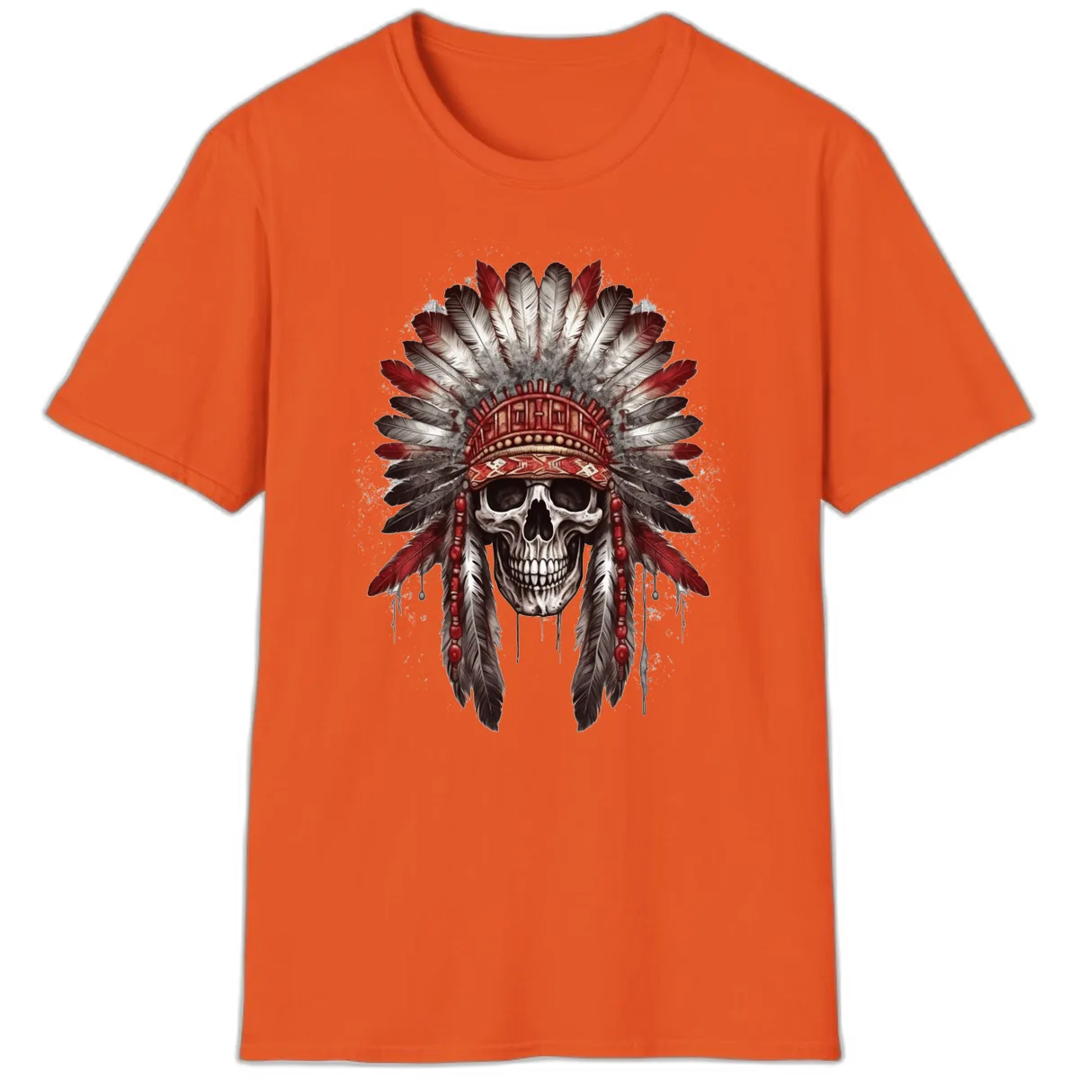 Ancient Spirit Skull with Feathered Headdress T-Shirt in Orange