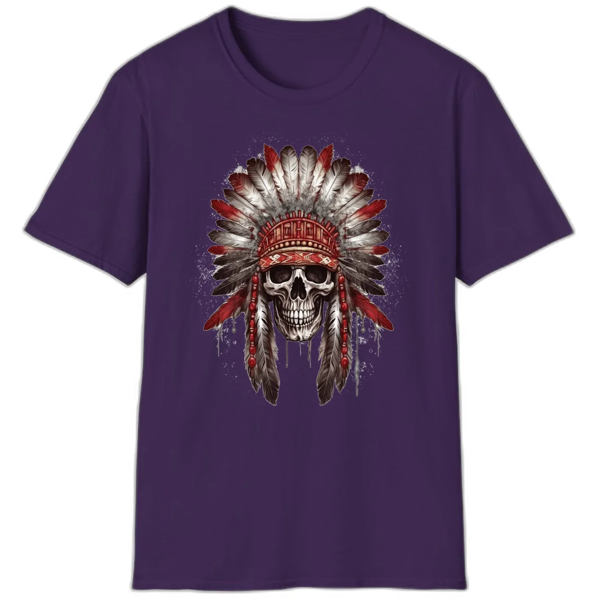 Ancient Spirit Skull with Feathered Headdress T-Shirt in Purple