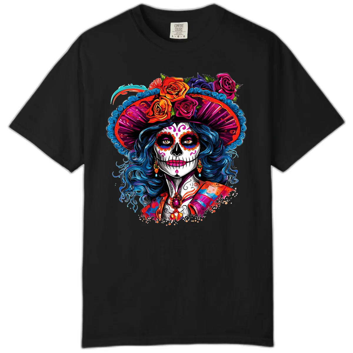Vibrant Floral Catrina Sugar Skull with Blue Hair Comfort Color in Black