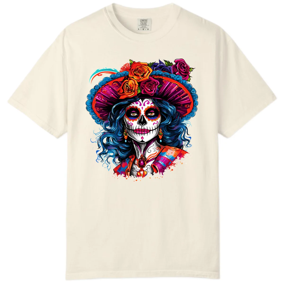 Vibrant Floral Catrina Sugar Skull with Blue Hair Comfort Color in Ivory