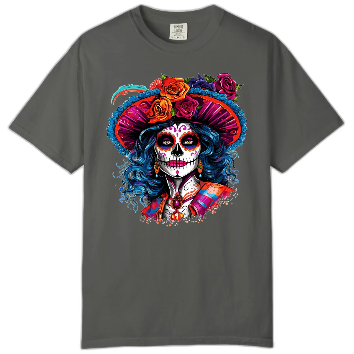 Vibrant Floral Catrina Sugar Skull with Blue Hair Comfort Color in Pepper