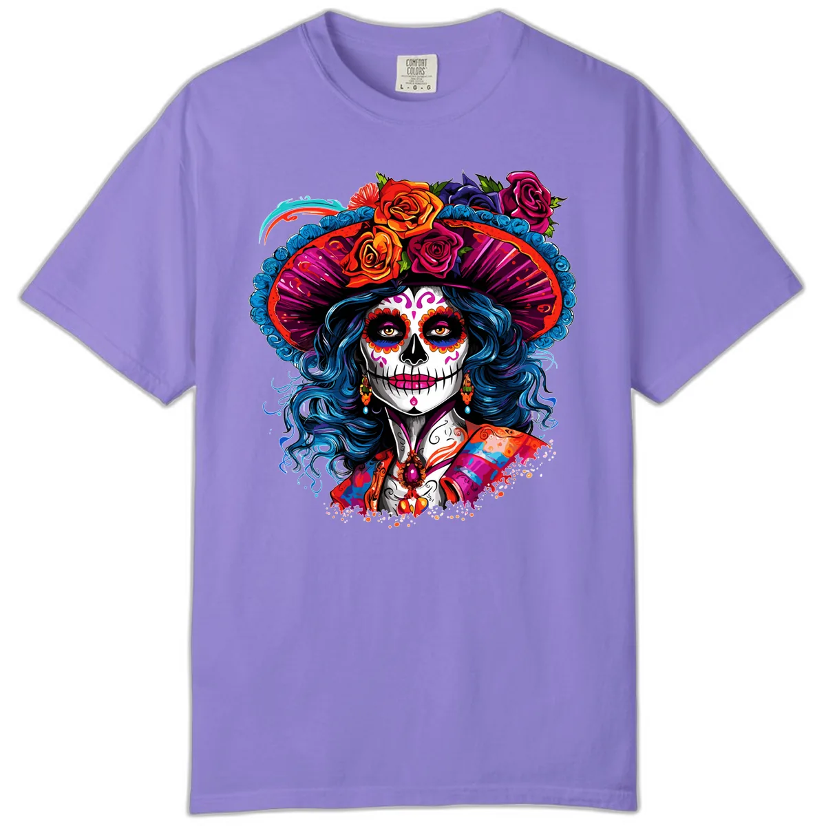 Vibrant Floral Catrina Sugar Skull with Blue Hair Comfort Color in Violet