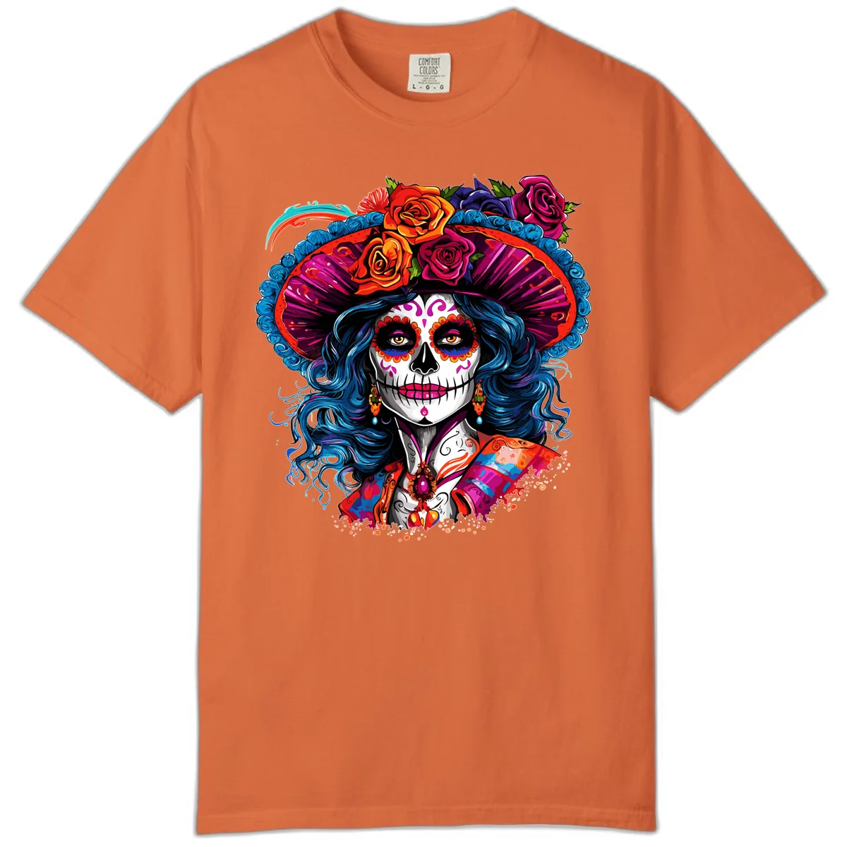 Vibrant Floral Catrina Sugar Skull with Blue Hair Comfort Color in Burnt Orange