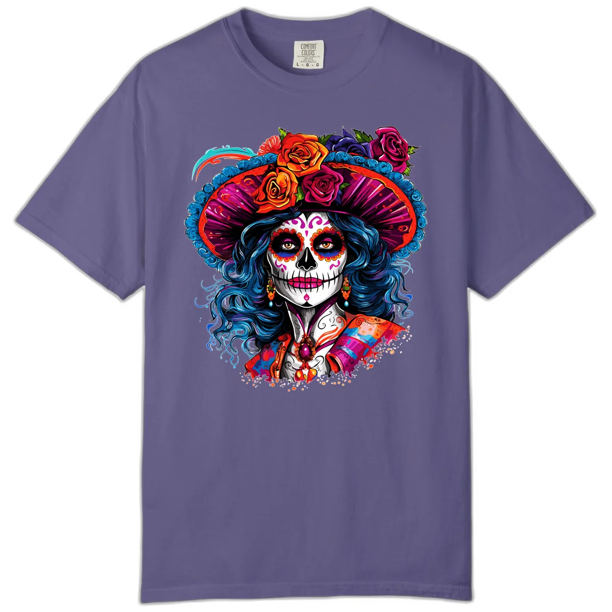 Vibrant Floral Catrina Sugar Skull with Blue Hair Comfort Color in Grape