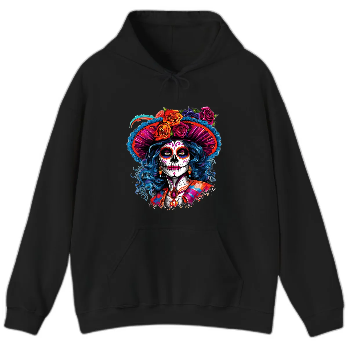Vibrant Floral Catrina Sugar Skull with Blue Hair Hoodie in Black