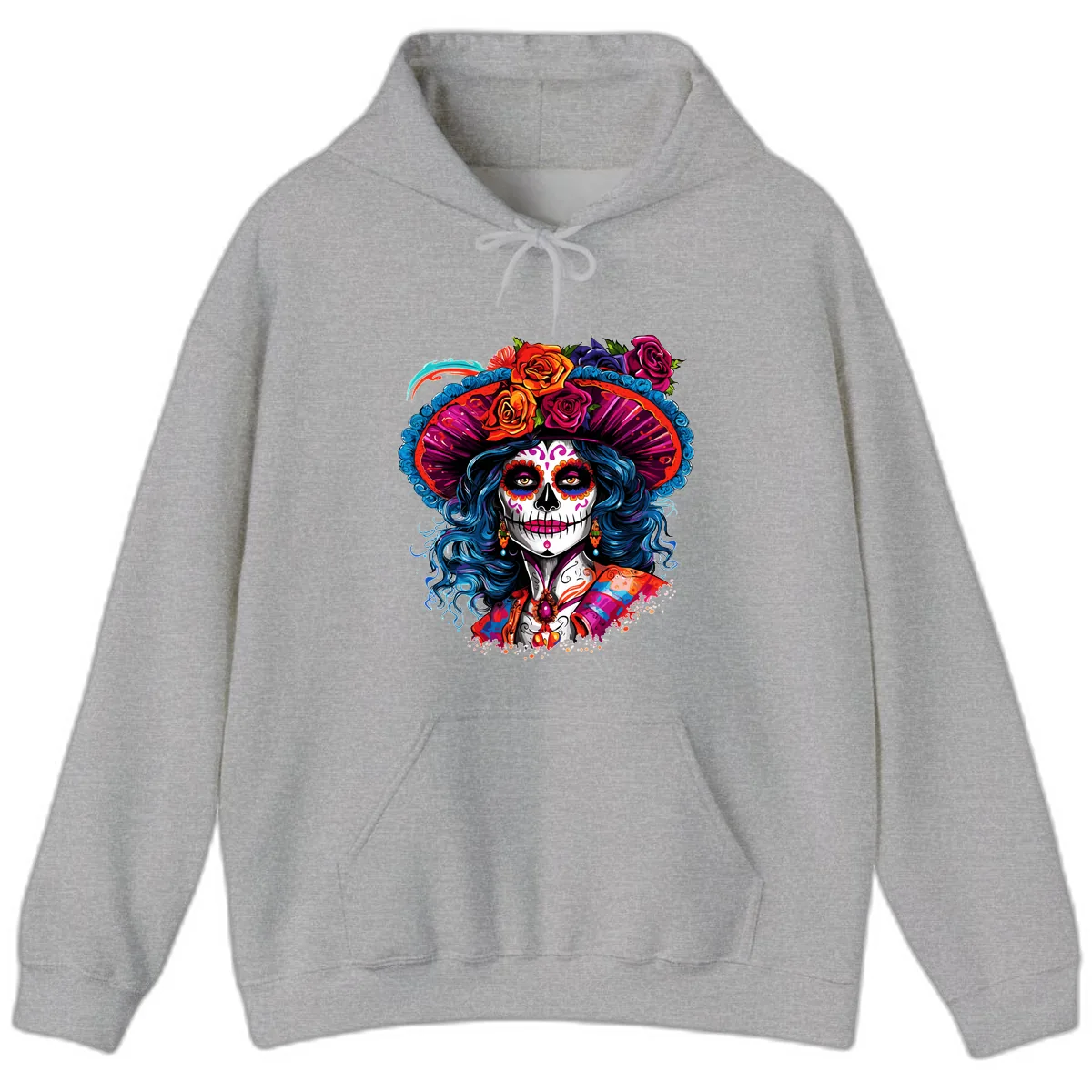 Vibrant Floral Catrina Sugar Skull with Blue Hair Hoodie in Sport Grey