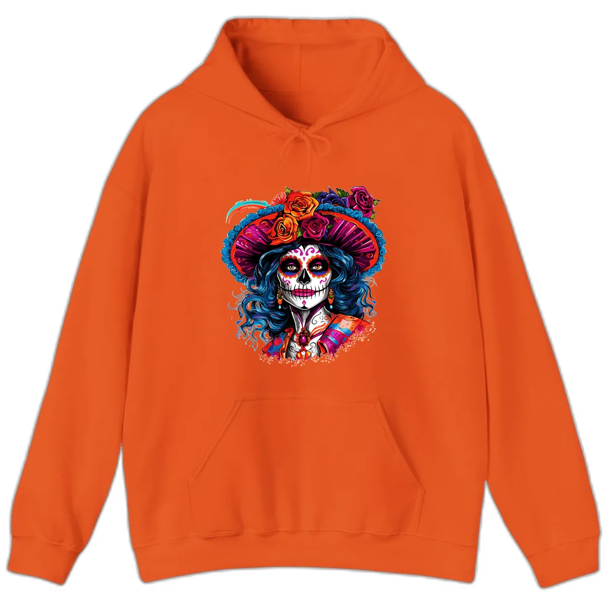 Vibrant Floral Catrina Sugar Skull with Blue Hair Hoodie in Orange