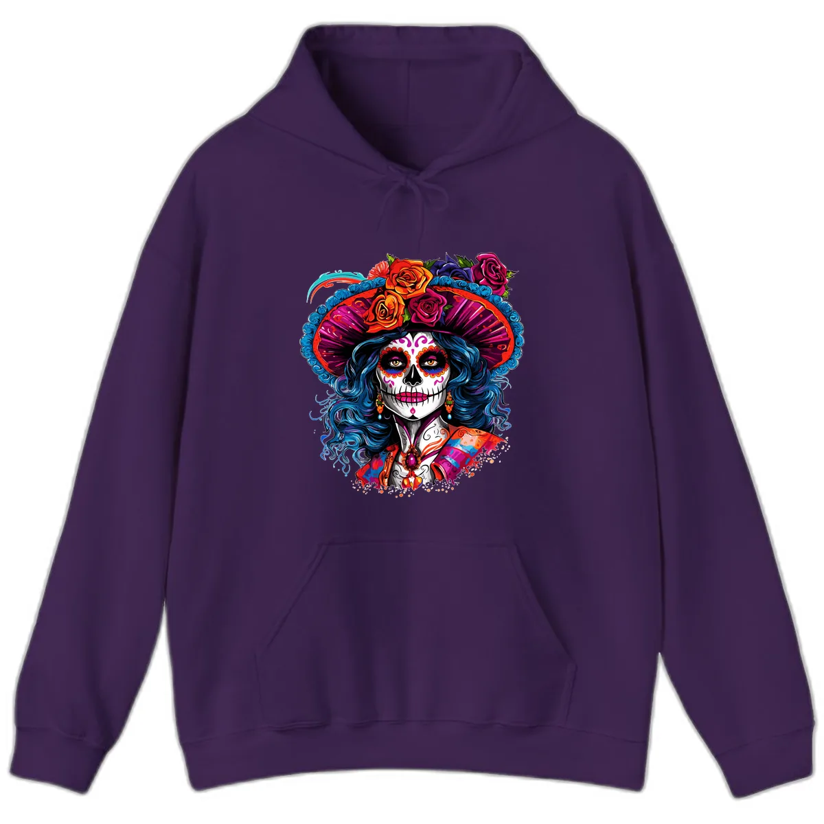 Vibrant Floral Catrina Sugar Skull with Blue Hair Hoodie in Purple