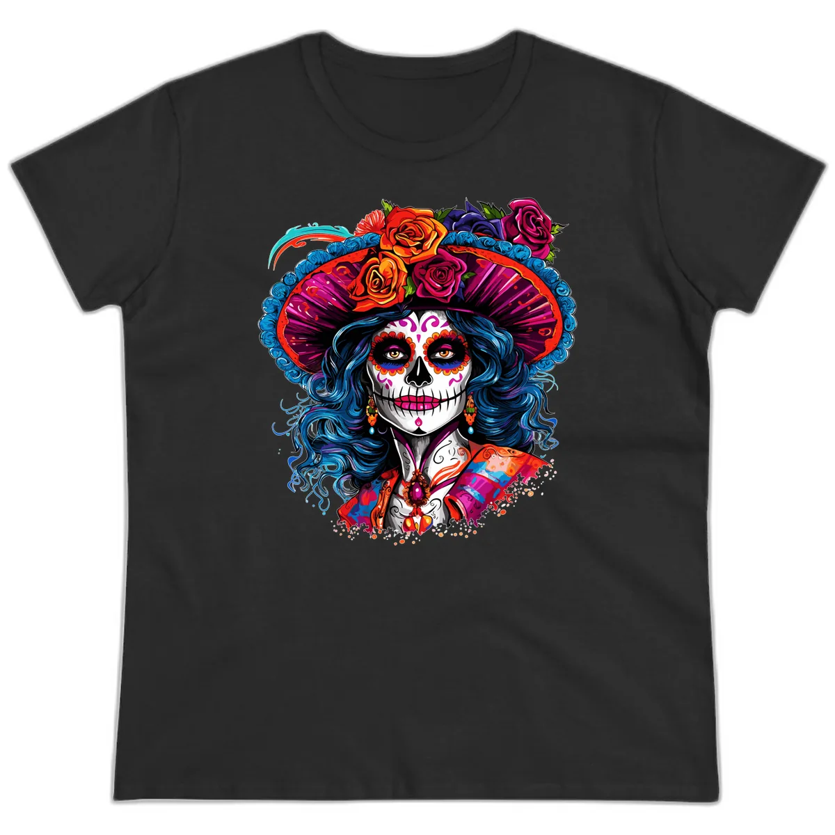 Vibrant Floral Catrina Sugar Skull with Blue Hair Ladies Tee in Black