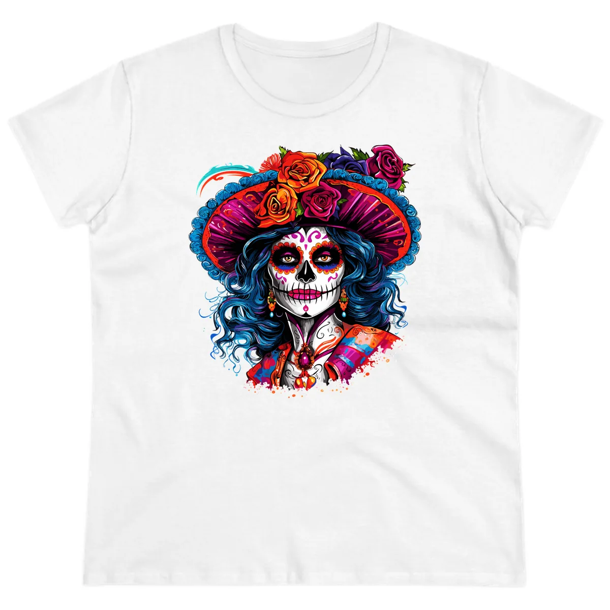 Vibrant Floral Catrina Sugar Skull with Blue Hair Ladies Tee in White