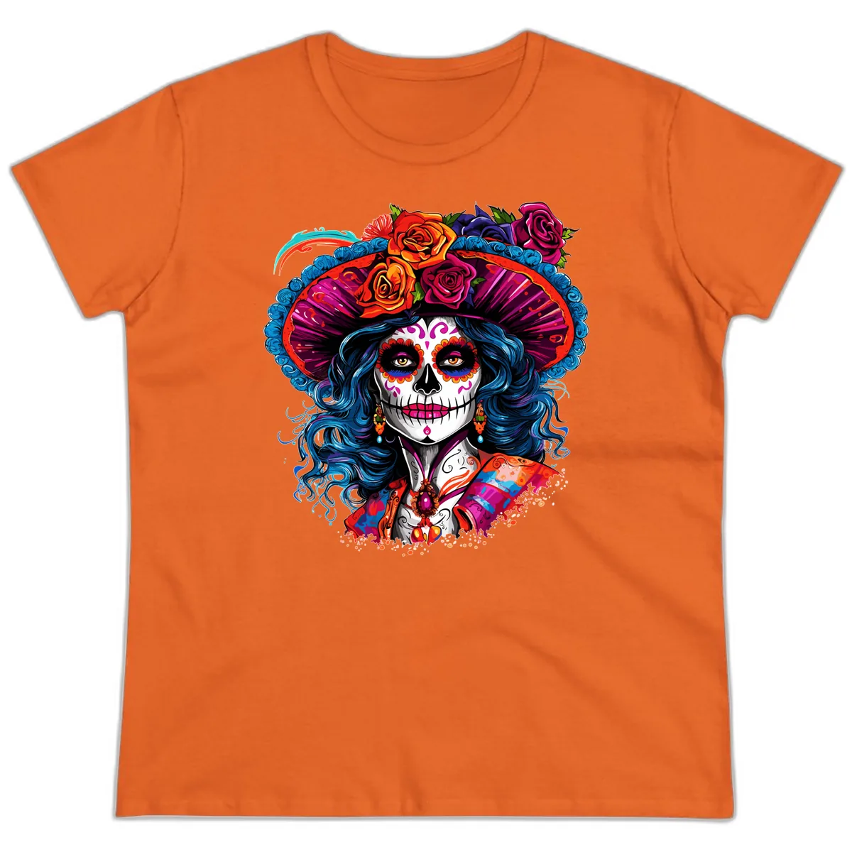 Vibrant Floral Catrina Sugar Skull with Blue Hair Ladies Tee in Orange
