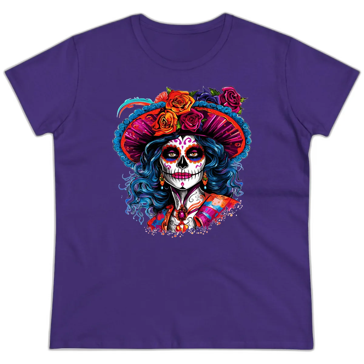 Vibrant Floral Catrina Sugar Skull with Blue Hair Ladies Tee in Purple