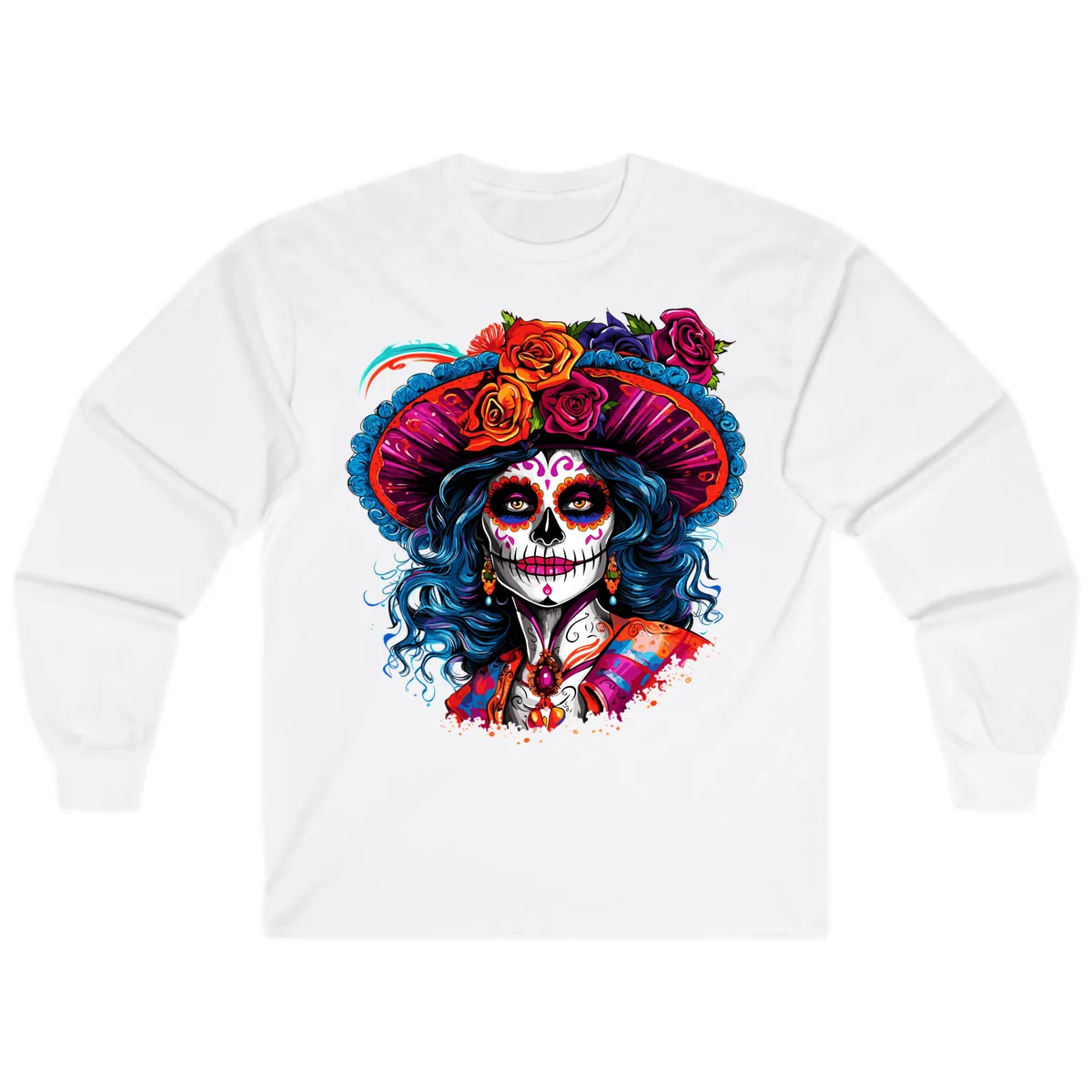 Vibrant Floral Catrina Sugar Skull with Blue Hair Long Sleeve in White