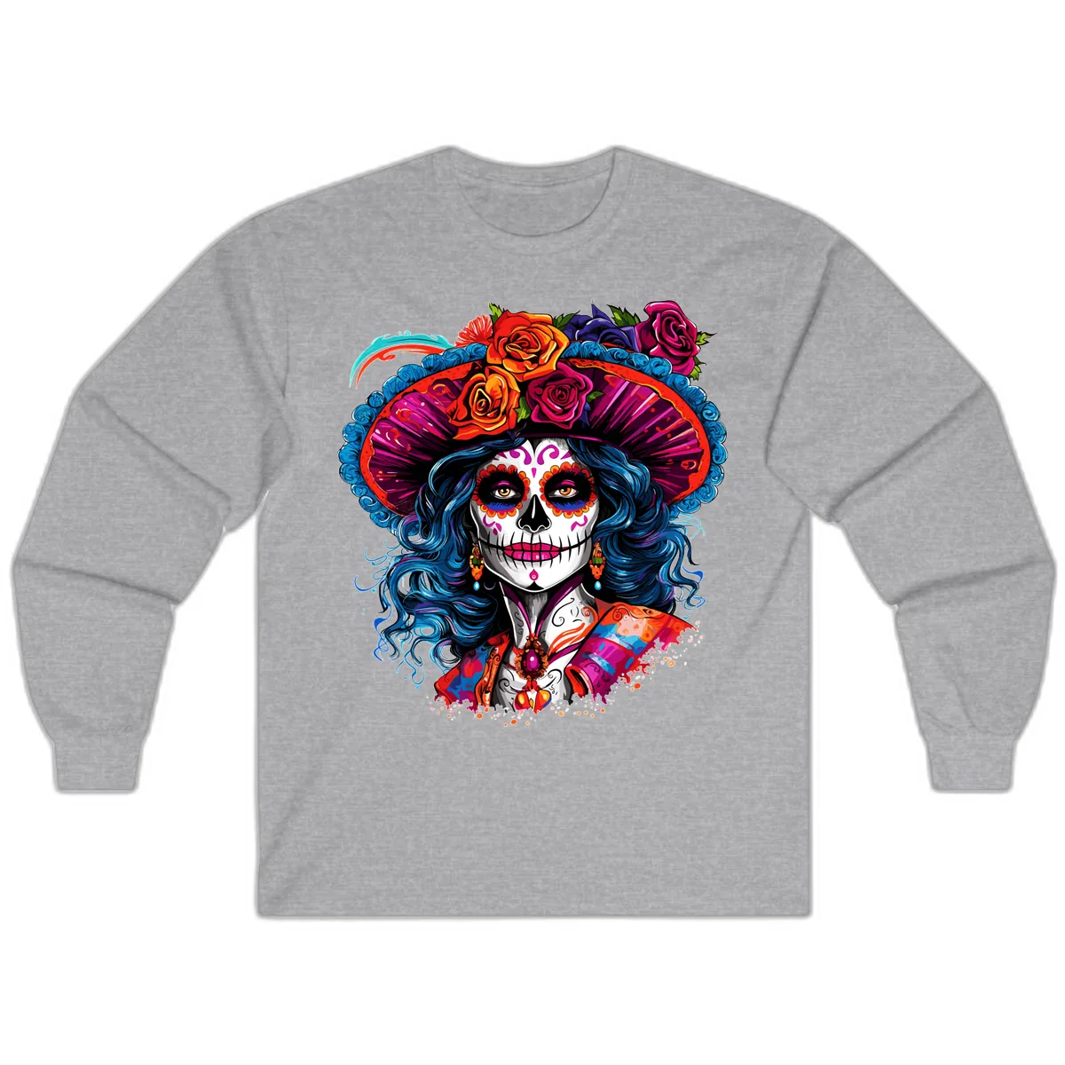 Vibrant Floral Catrina Sugar Skull with Blue Hair Long Sleeve in Sport Grey