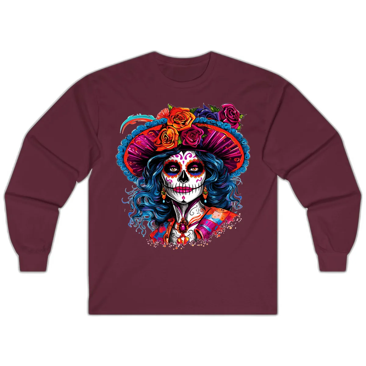 Vibrant Floral Catrina Sugar Skull with Blue Hair Long Sleeve in Maroon