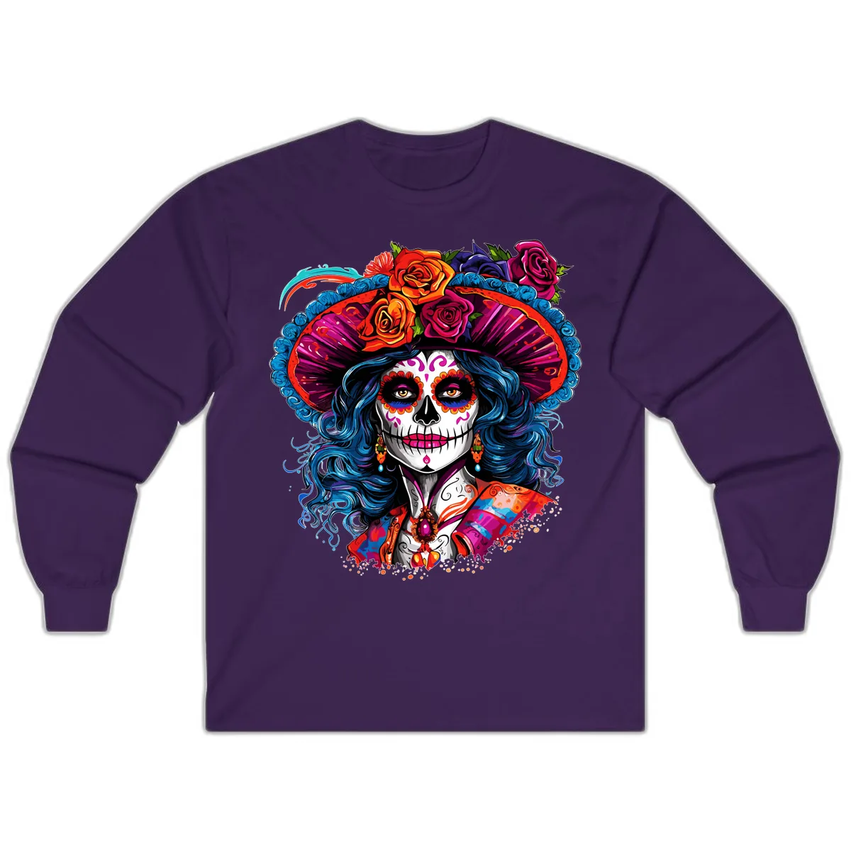 Vibrant Floral Catrina Sugar Skull with Blue Hair Long Sleeve in Purple