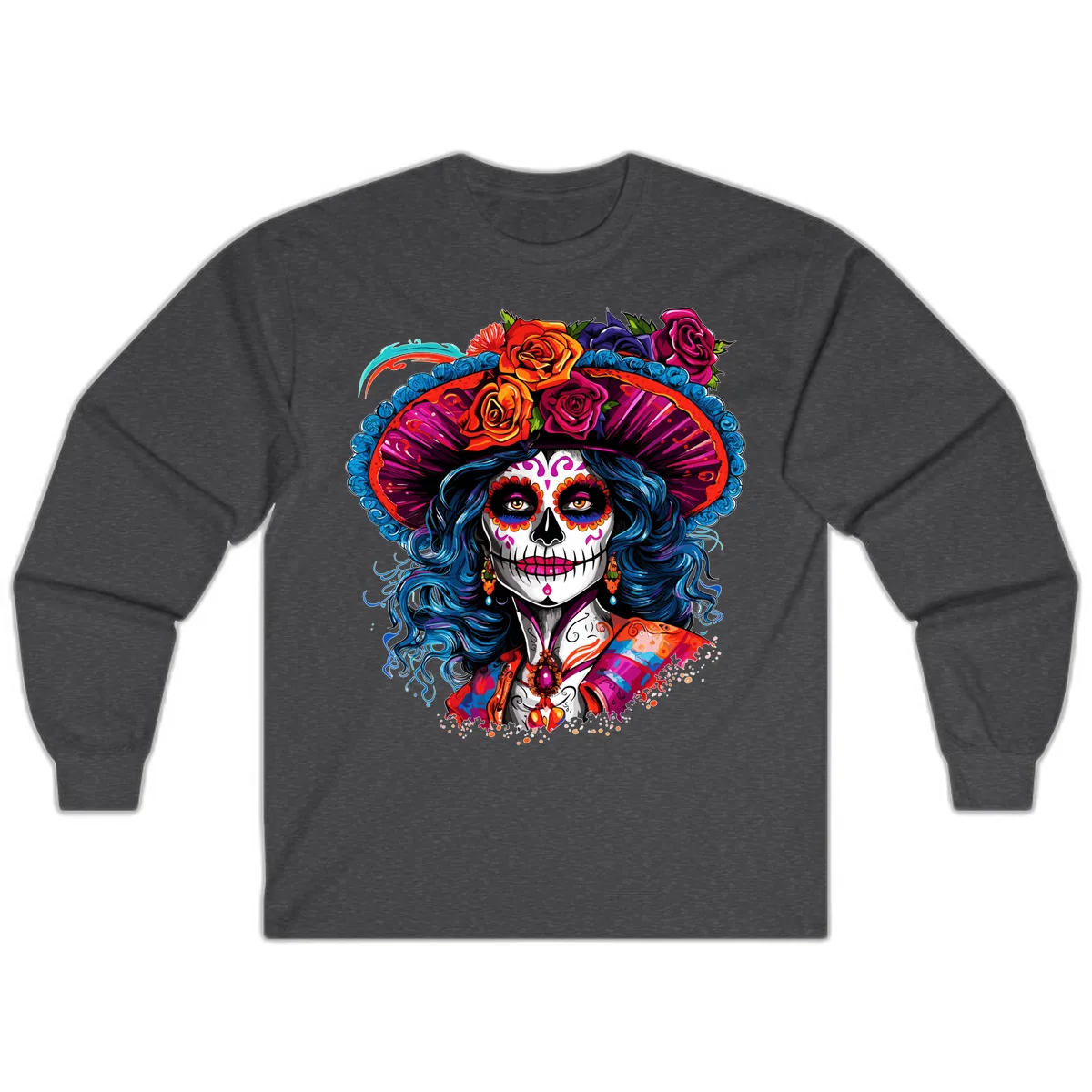 Vibrant Floral Catrina Sugar Skull with Blue Hair Long Sleeve in Dark Heather