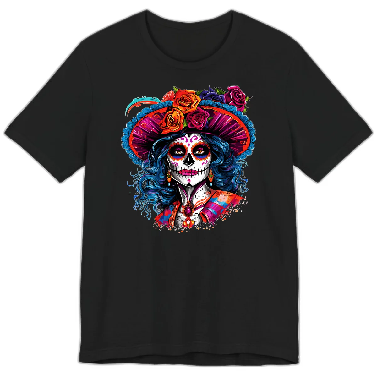 Vibrant Floral Catrina Sugar Skull with Blue Hair Premium T-Shirt in Black