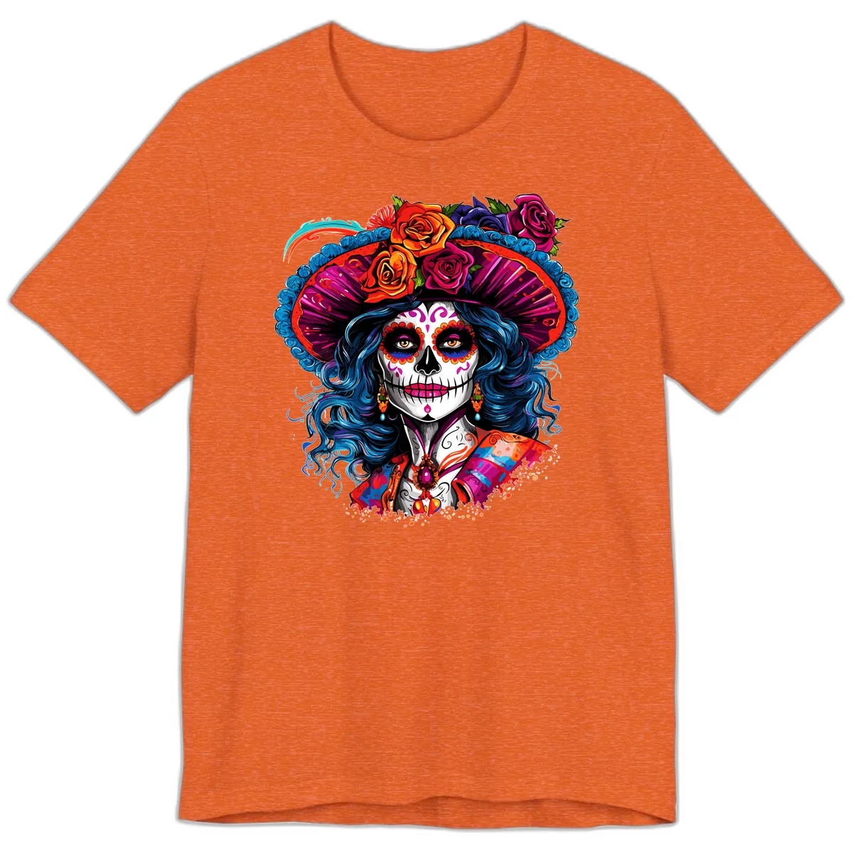 Vibrant Floral Catrina Sugar Skull with Blue Hair Premium T-Shirt in Heather Orange