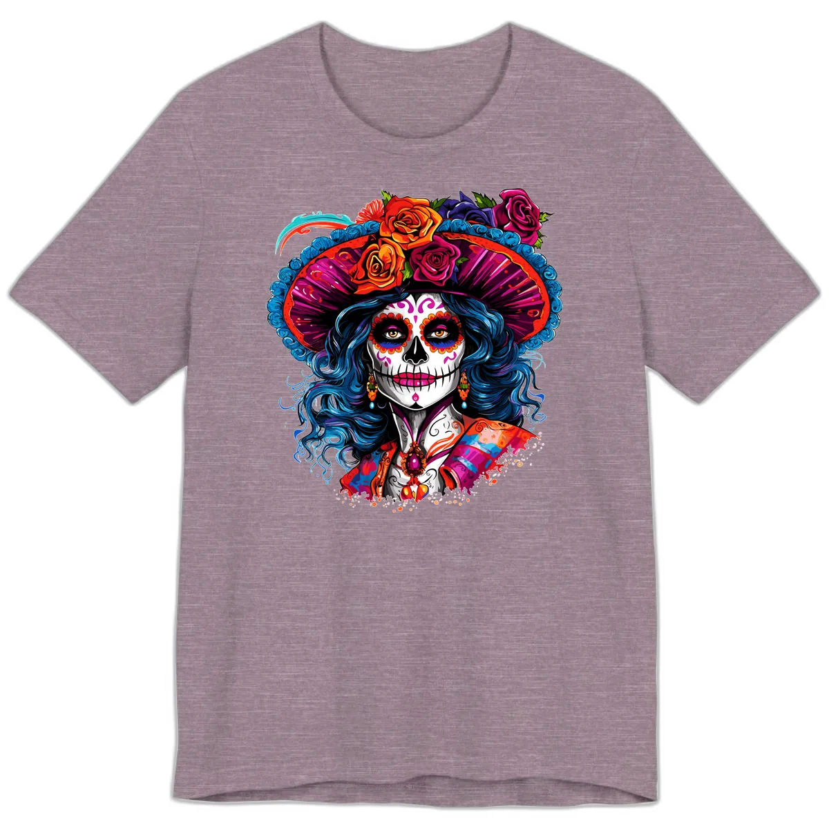 Vibrant Floral Catrina Sugar Skull with Blue Hair Premium T-Shirt in Heather Purple