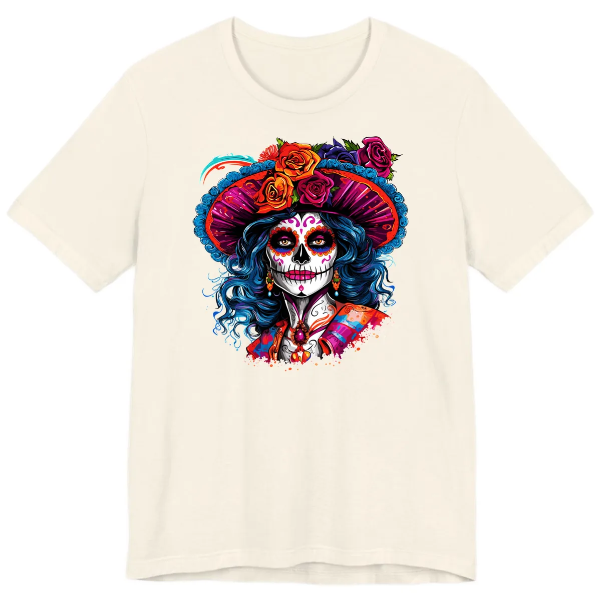 Vibrant Floral Catrina Sugar Skull with Blue Hair Premium T-Shirt in Natural