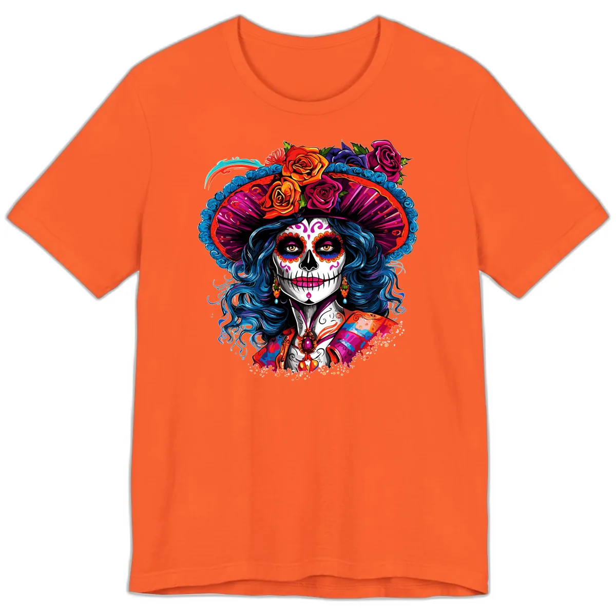 Vibrant Floral Catrina Sugar Skull with Blue Hair Premium T-Shirt in Orange