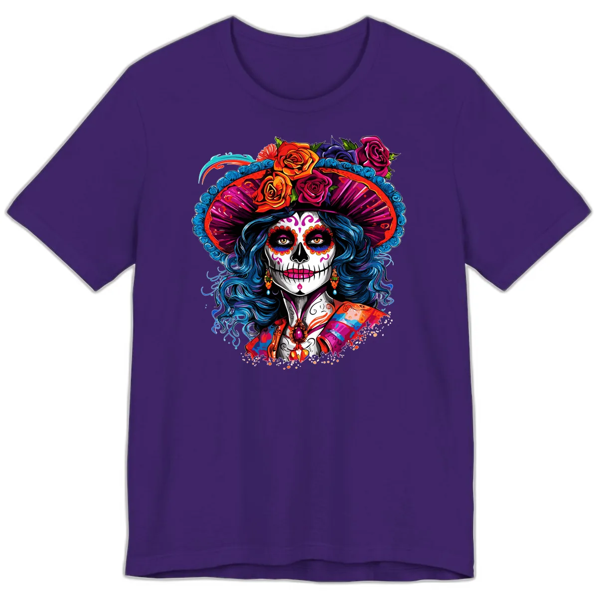 Vibrant Floral Catrina Sugar Skull with Blue Hair Premium T-Shirt in Team Purple