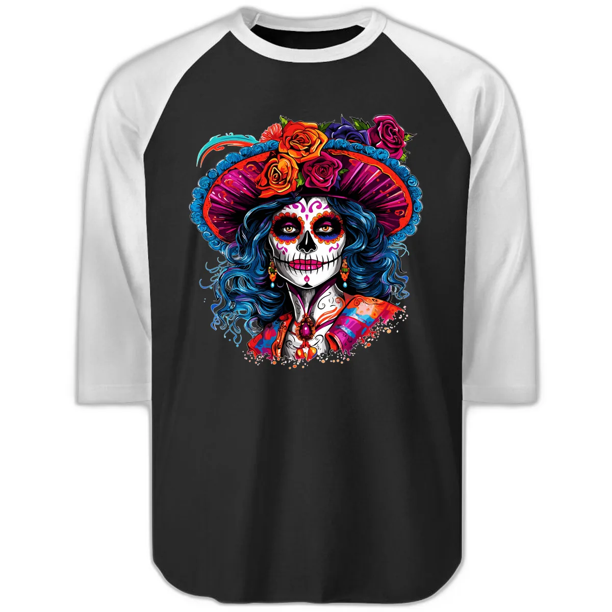 Vibrant Floral Catrina Sugar Skull with Blue Hair Raglan 3/4 in Black White