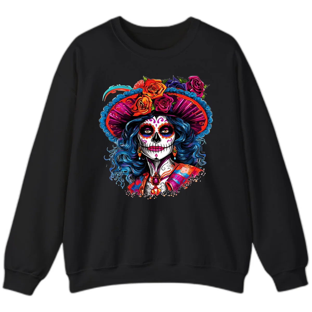 Vibrant Floral Catrina Sugar Skull with Blue Hair Sweatshirt in Black