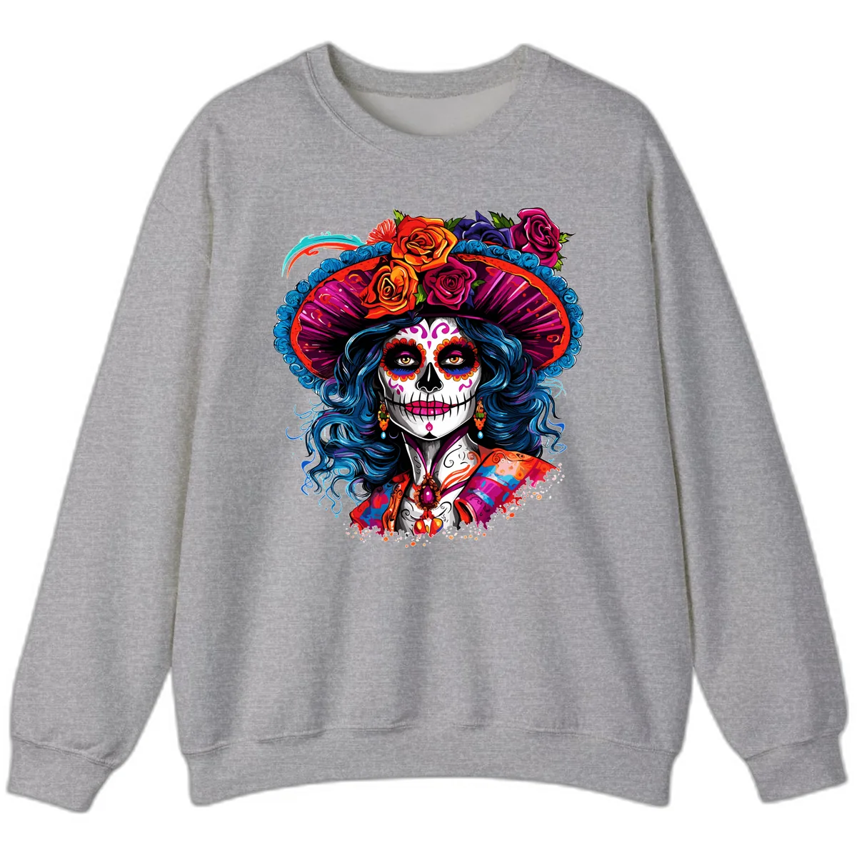 Vibrant Floral Catrina Sugar Skull with Blue Hair Sweatshirt in Sport Grey