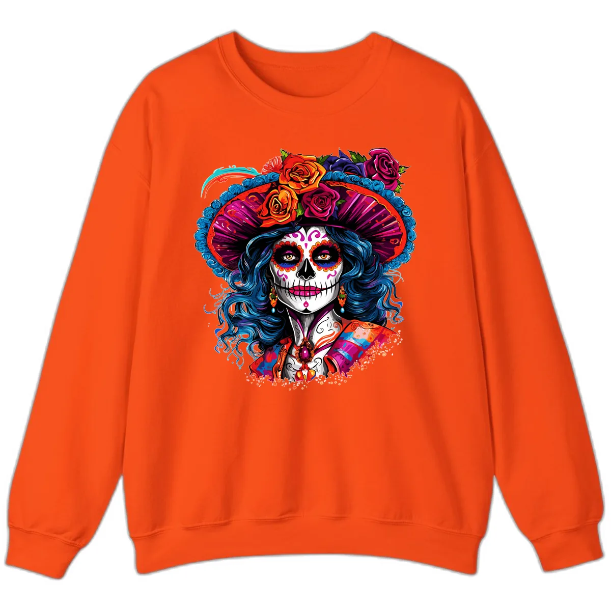 Vibrant Floral Catrina Sugar Skull with Blue Hair Sweatshirt in Orange