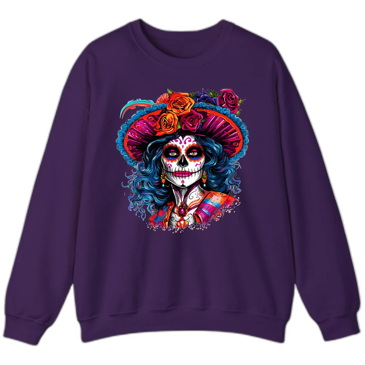 Vibrant Floral Catrina Sugar Skull with Blue Hair Sweatshirt in Purple