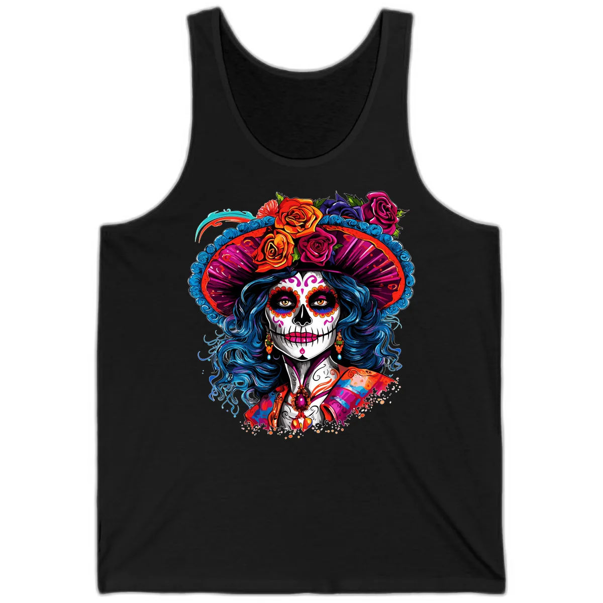 Vibrant Floral Catrina Sugar Skull with Blue Hair Tank in Black